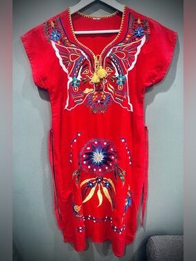 Hand Embroidered Floral Mexican motif red knee length short sleeve dress Size S
